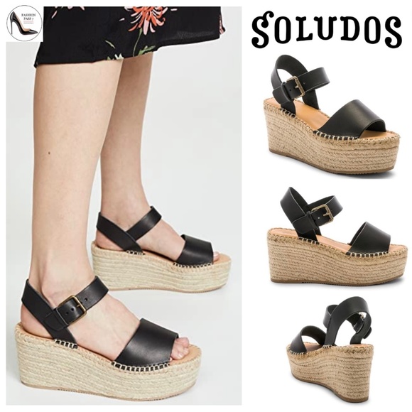 Soludos Minorca Black Leather Ankle Strap Espadrille High Platform Sandals 8.5 - Picture 1 of 14